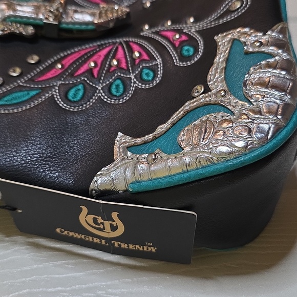 Cowgirl Trendy Cross Body Teal Hot Pink Silver Black Butterfly Embellished Bag - Picture 3 of 16